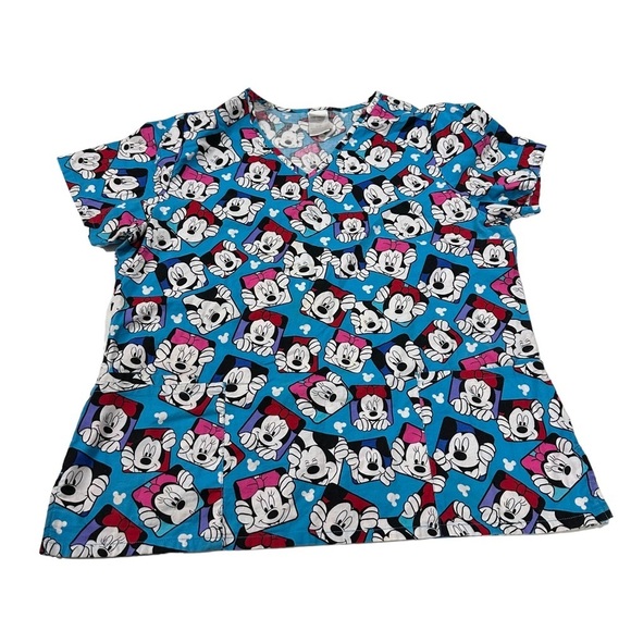 Disney Mickey & Minnie Mouse Print Women Blue V-Neck Short Sleeve Scrub Top Sz L - Picture 8 of 16